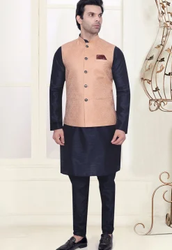Woven Art Silk Jacquard Nehru Jacket in Peach