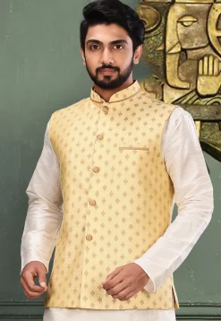 Woven Art Silk Jacquard Nehru Jacket in Light Yellow