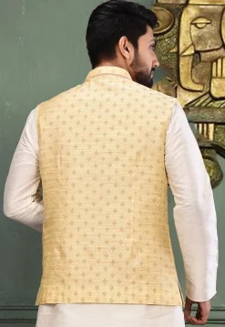 Woven Art Silk Jacquard Nehru Jacket in Light Yellow