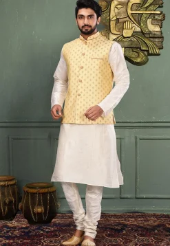 Woven Art Silk Jacquard Nehru Jacket in Light Yellow