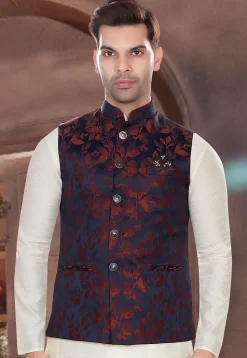 Woven Art Silk Jacquard Nehru Jacket in Navy Blue