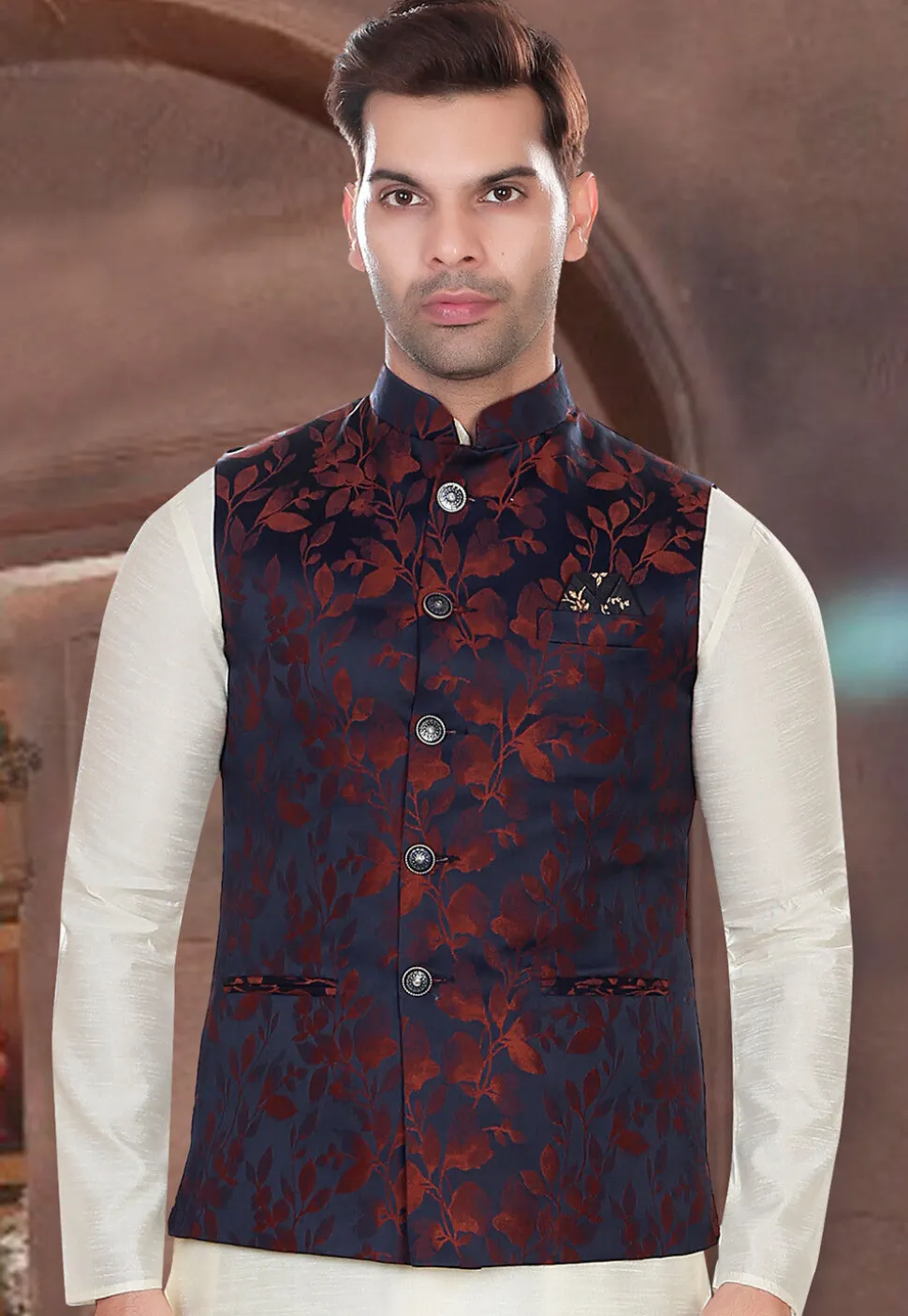 Woven Art Silk Jacquard Nehru Jacket in Navy Blue