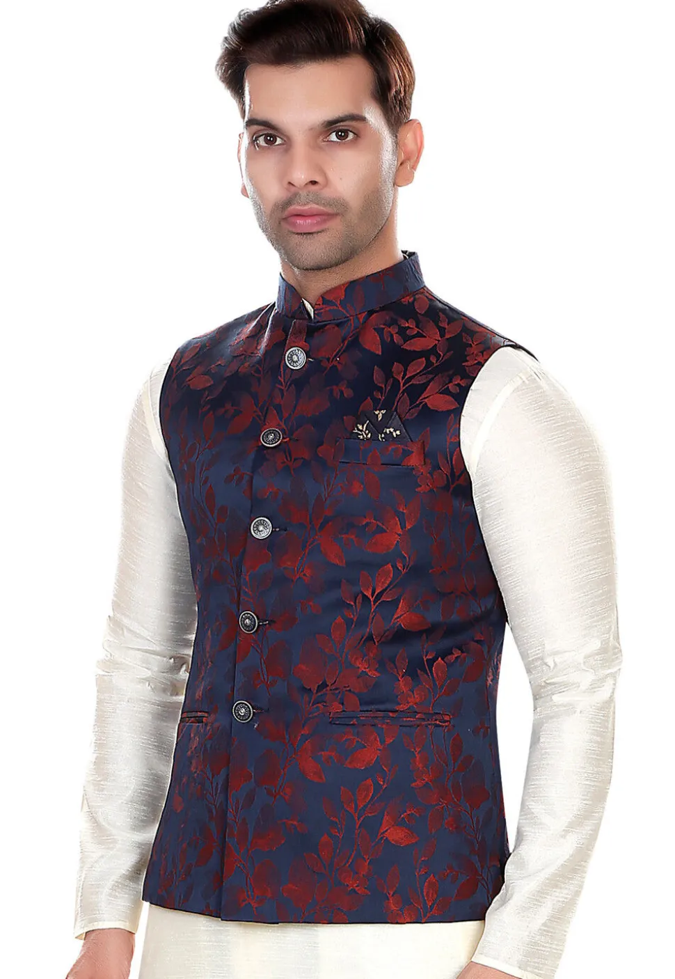 Woven Art Silk Jacquard Nehru Jacket in Navy Blue