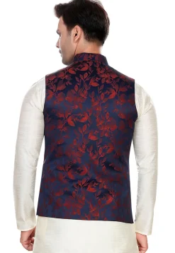 Woven Art Silk Jacquard Nehru Jacket in Navy Blue