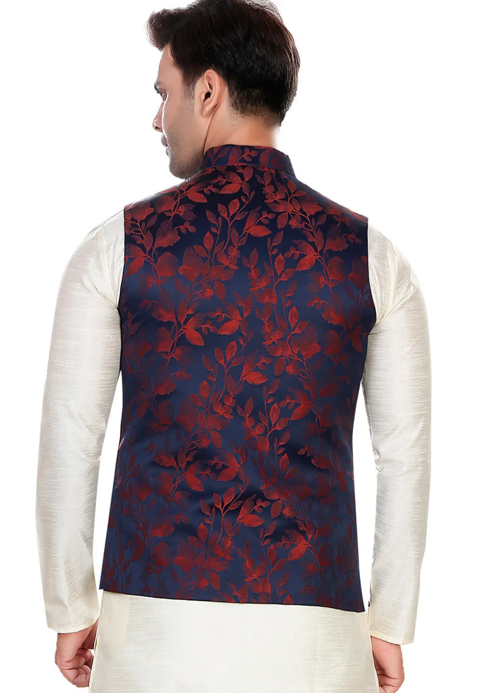 Woven Art Silk Jacquard Nehru Jacket in Navy Blue