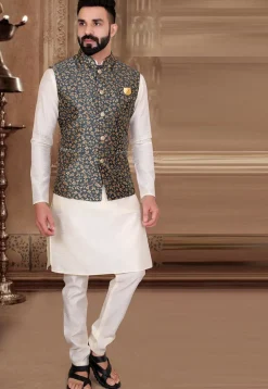 Woven Art Silk Jacquard Nehru Jacket in Grey