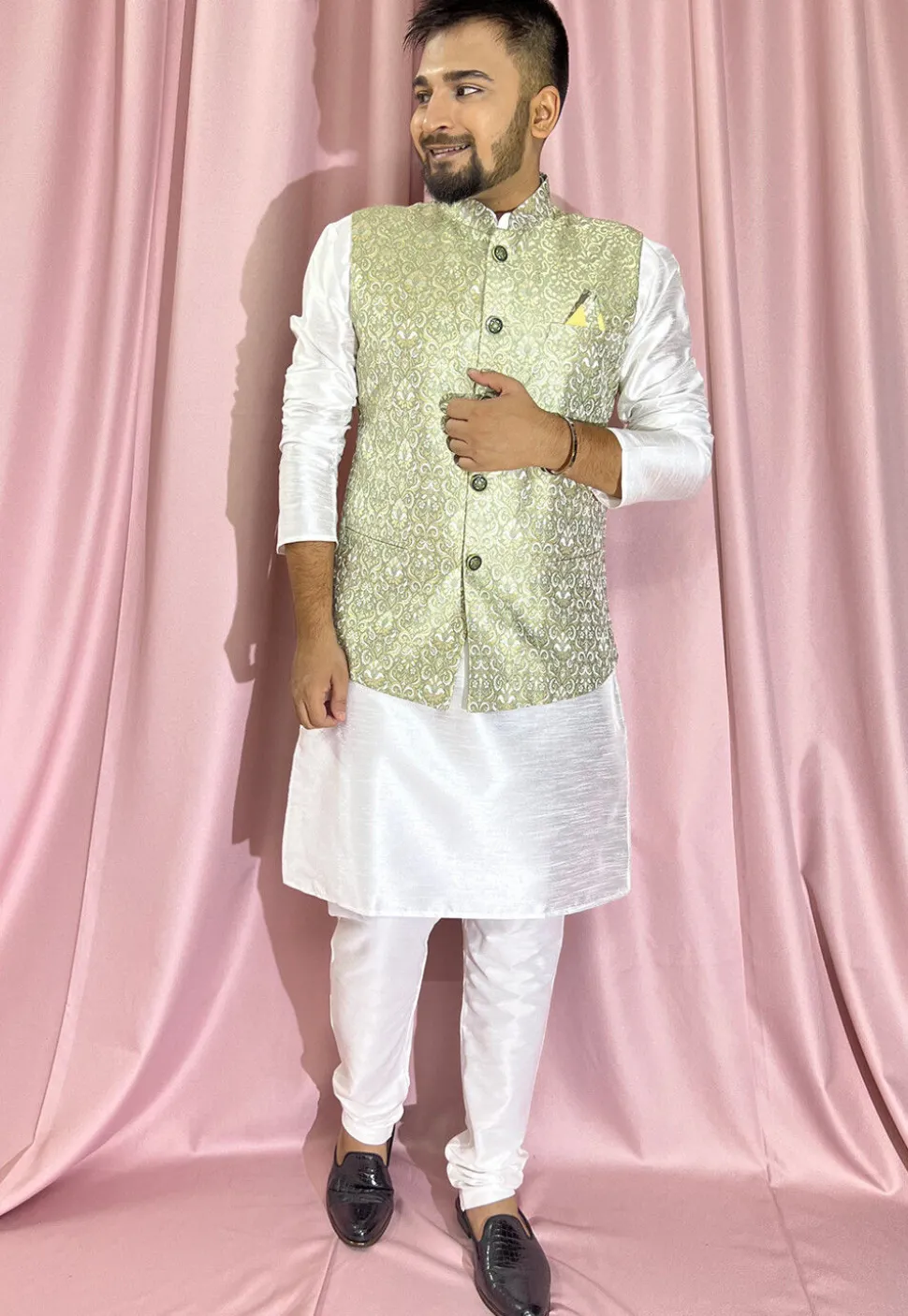 Woven Art Silk Jacquard Nehru Jacket in Pastel Green
