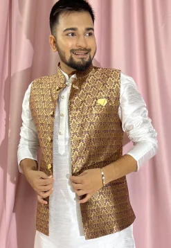 Woven Art Silk Jacquard Nehru Jacket in Purple and Golden