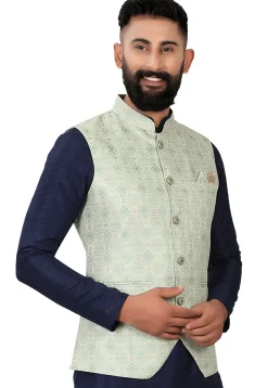 Woven Art Silk Jacquard Nehru Jacket in Light Green