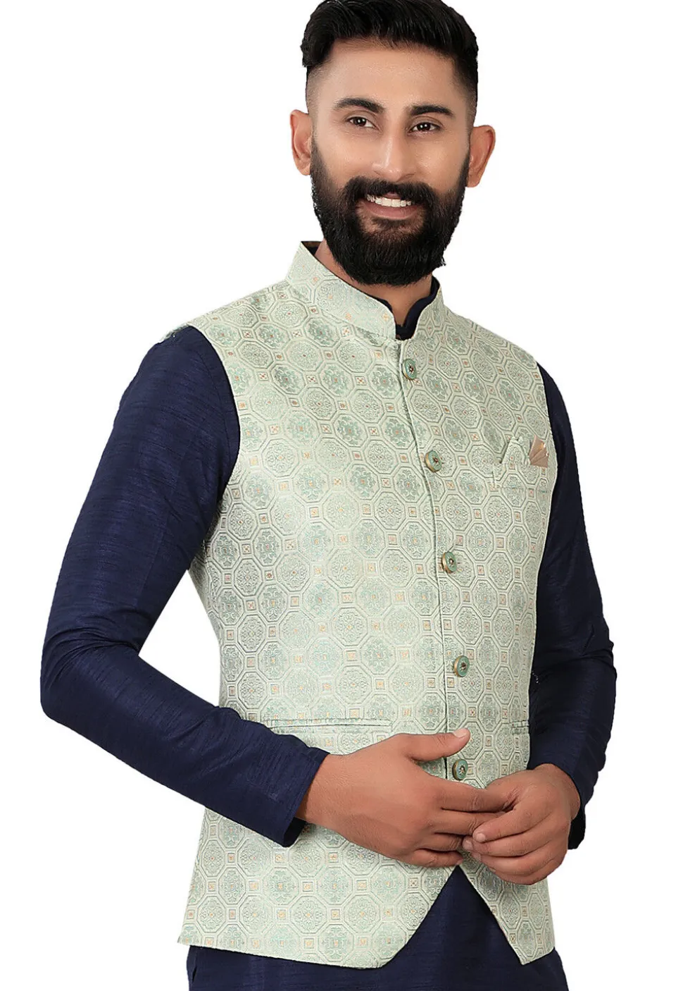 Woven Art Silk Jacquard Nehru Jacket in Light Green