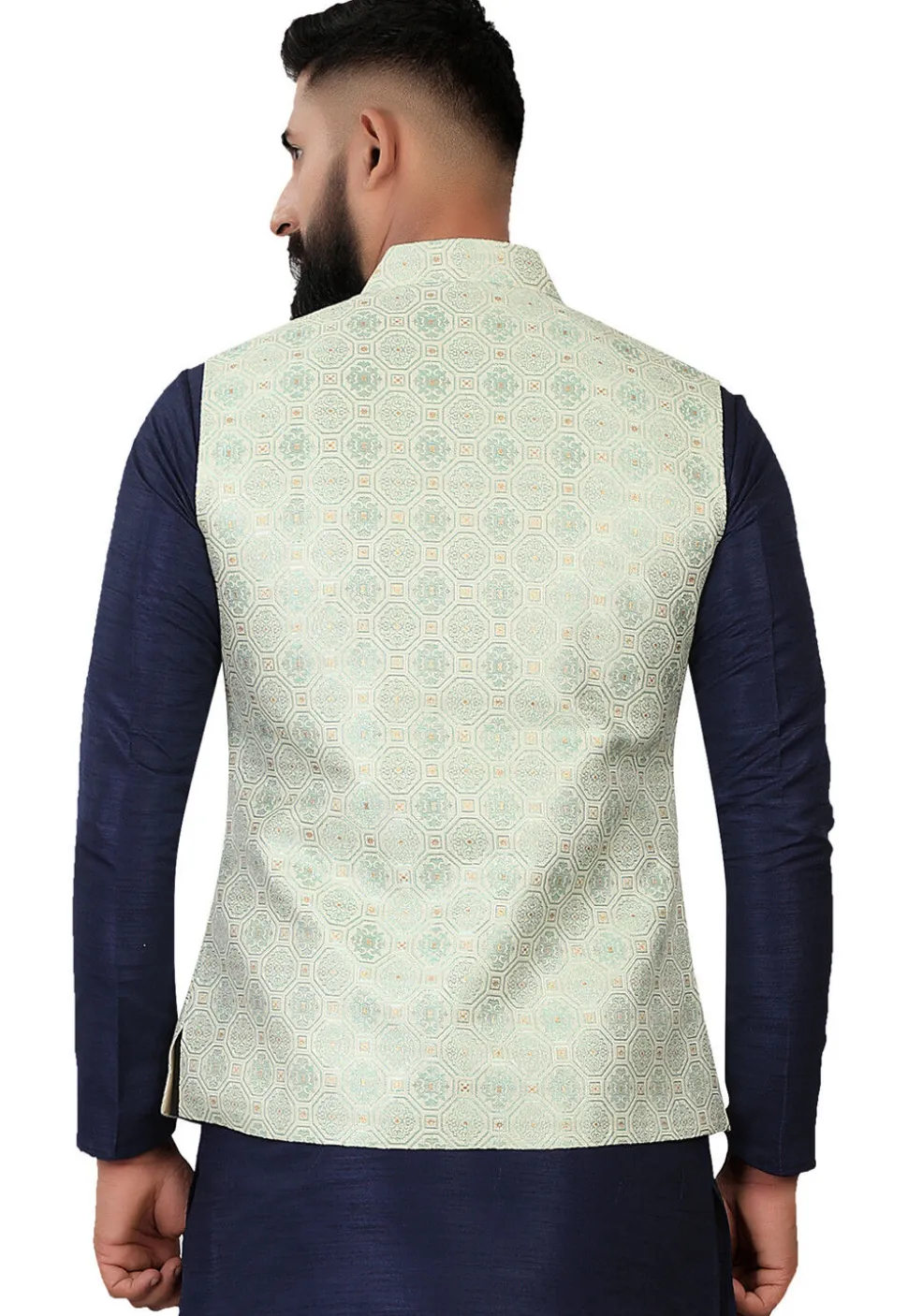 Woven Art Silk Jacquard Nehru Jacket in Light Green