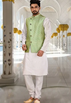 Woven Art Silk Jacquard Nehru Jacket in Pastel Green
