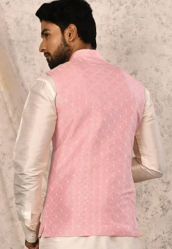 Woven Art Silk Jacquard Nehru Jacket in Pink