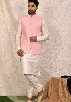 Woven Art Silk Jacquard Nehru Jacket in Pink