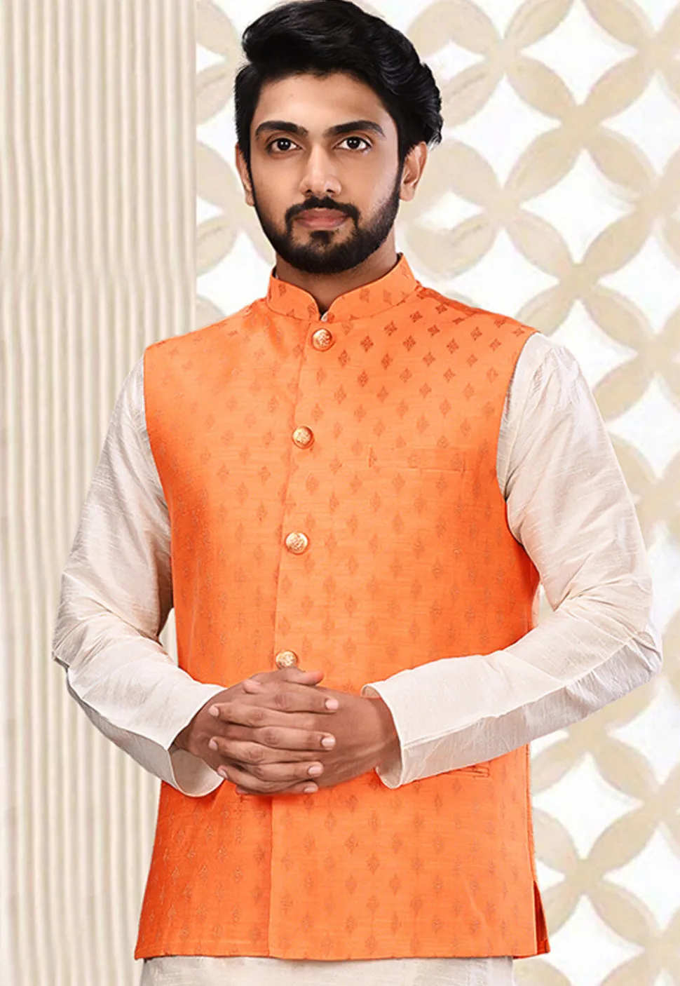 Woven Art Silk Jacquard Nehru Jacket in Peach
