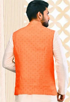 Woven Art Silk Jacquard Nehru Jacket in Peach