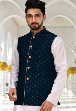 Woven Art Silk Jacquard Nehru Jacket in Navy Blue