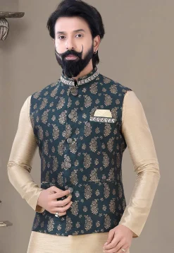 Woven Art Silk Jacquard Nehru Jacket in Navy Blue