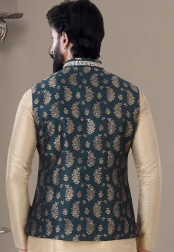 Woven Art Silk Jacquard Nehru Jacket in Navy Blue