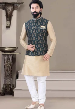 Woven Art Silk Jacquard Nehru Jacket in Navy Blue