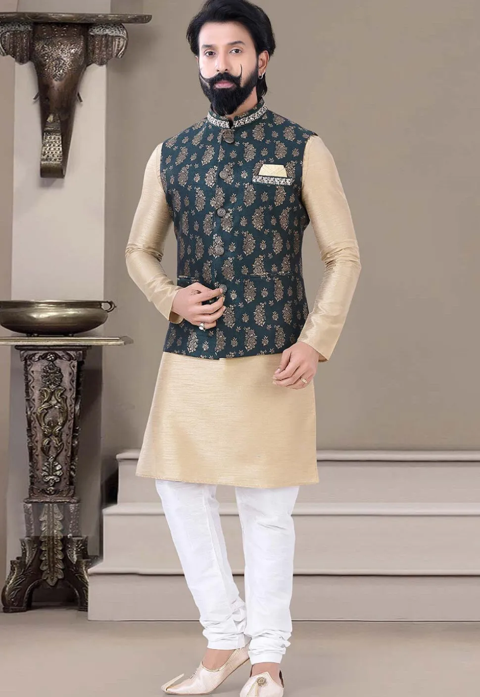 Woven Art Silk Jacquard Nehru Jacket in Navy Blue