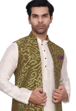 Woven Art Silk Jacquard Nehru Jacket in Green