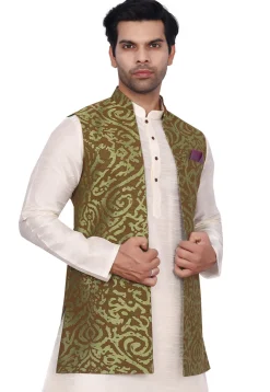 Woven Art Silk Jacquard Nehru Jacket in Green