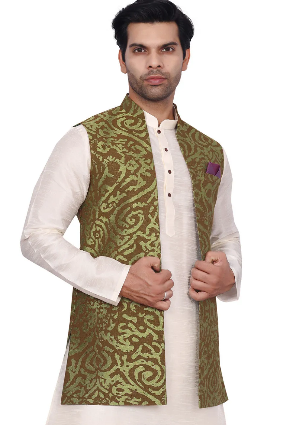 Woven Art Silk Jacquard Nehru Jacket in Green