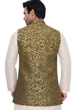 Woven Art Silk Jacquard Nehru Jacket in Green