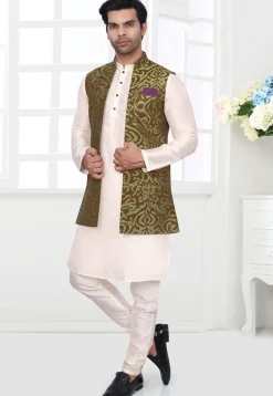 Woven Art Silk Jacquard Nehru Jacket in Green