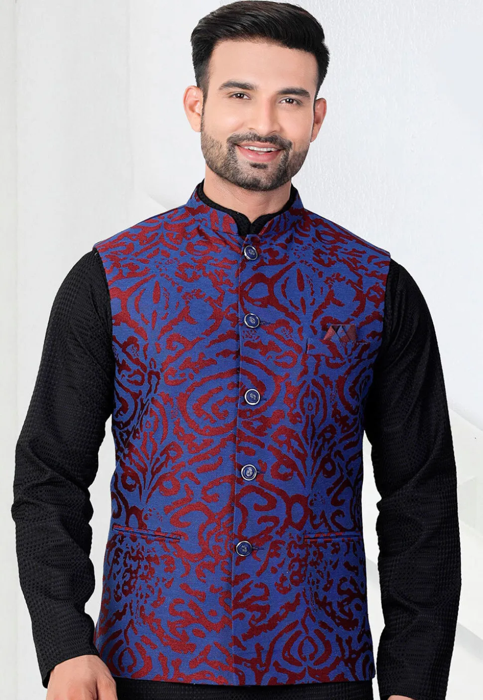 Woven Art Silk Jacquard Nehru Jacket in Blue