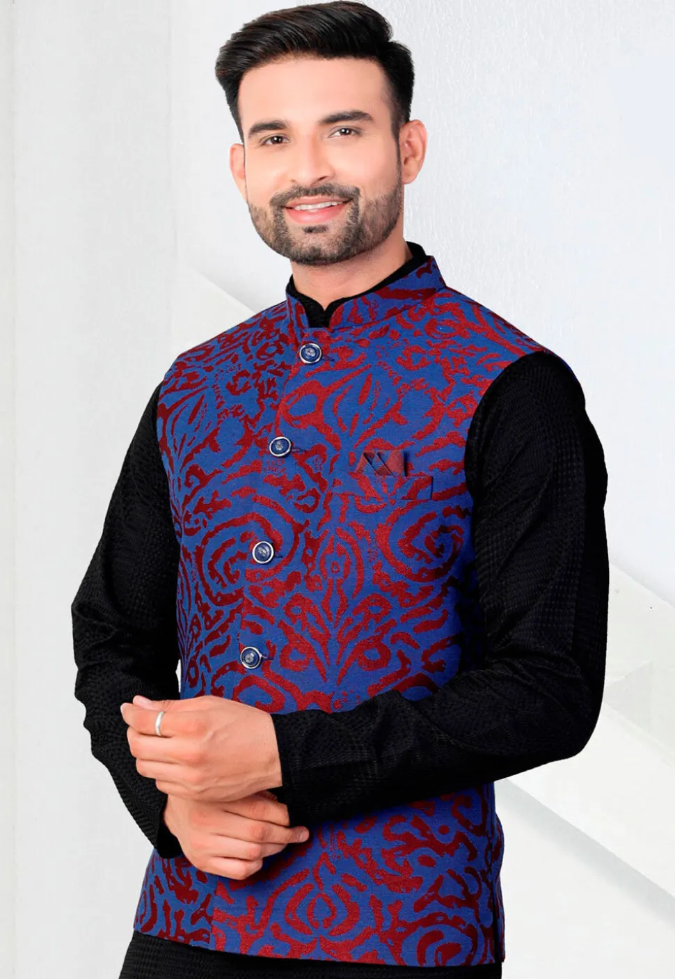 Woven Art Silk Jacquard Nehru Jacket in Blue