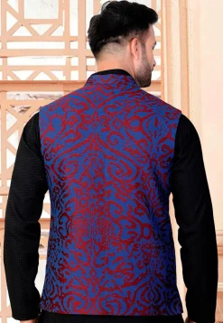 Woven Art Silk Jacquard Nehru Jacket in Blue