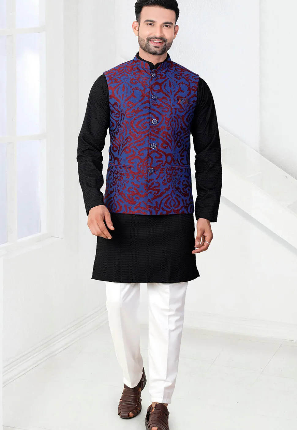 Woven Art Silk Jacquard Nehru Jacket in Blue