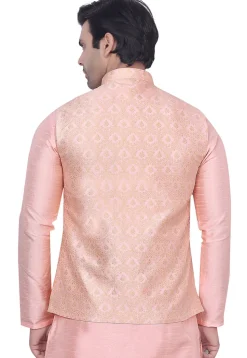 Woven Art Silk Jacquard Nehru Jacket in Peach