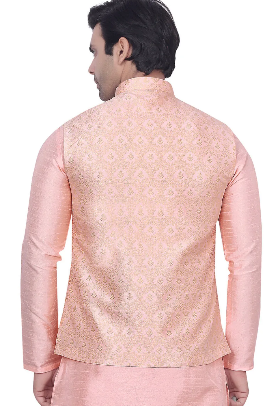 Woven Art Silk Jacquard Nehru Jacket in Peach