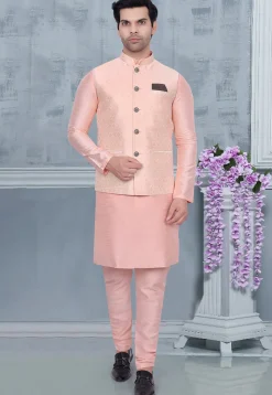 Woven Art Silk Jacquard Nehru Jacket in Peach