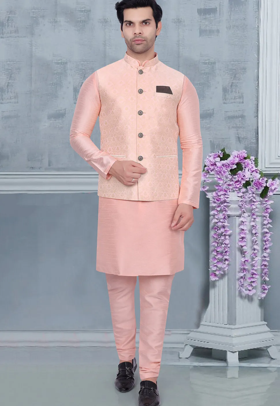 Woven Art Silk Jacquard Nehru Jacket in Peach