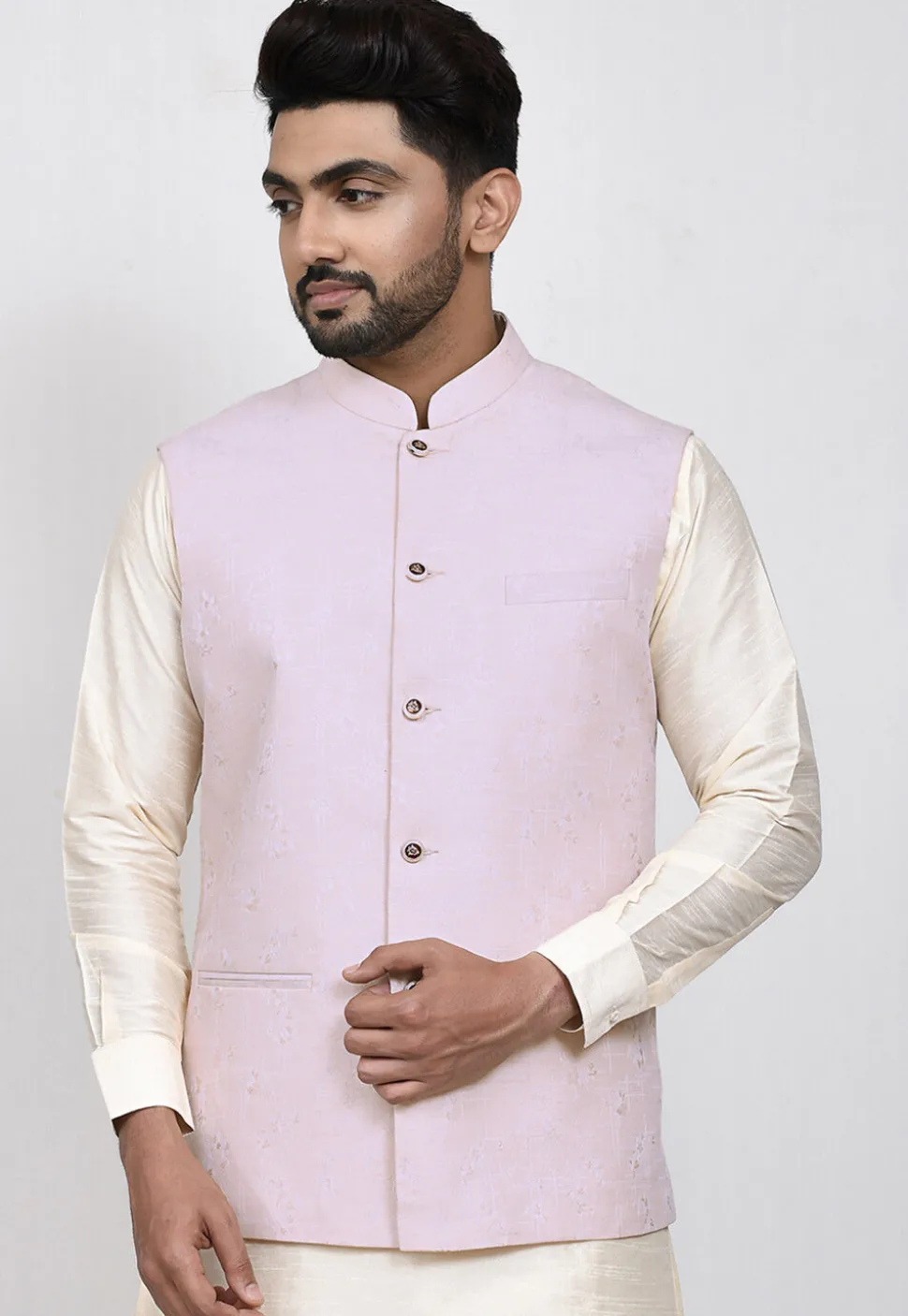 Woven Art Silk Jacquard Nehru Jacket in Light Peach