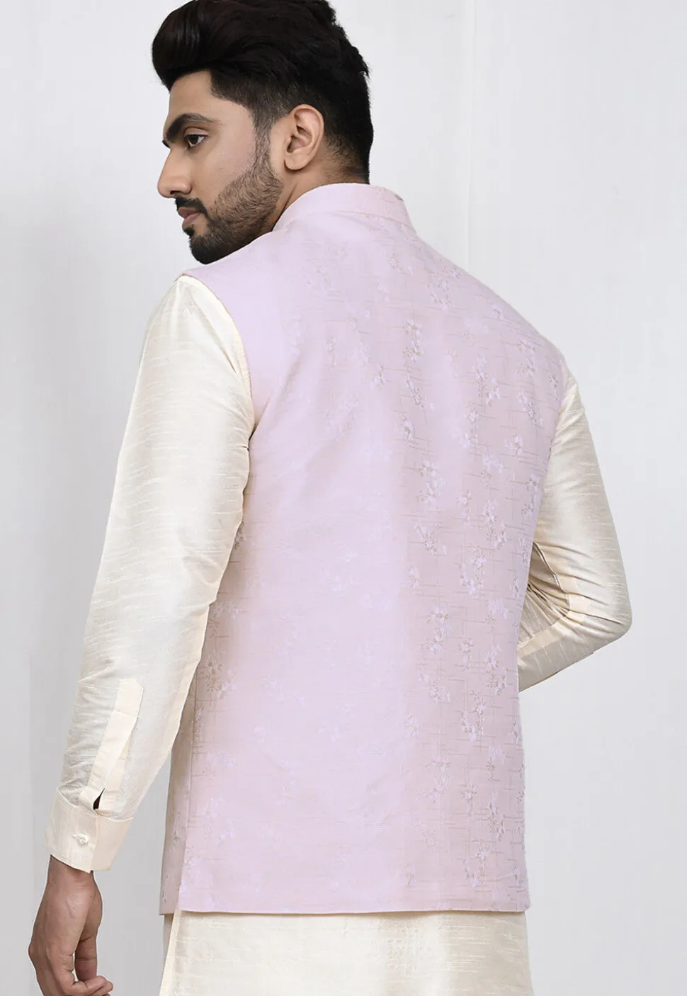Woven Art Silk Jacquard Nehru Jacket in Light Peach