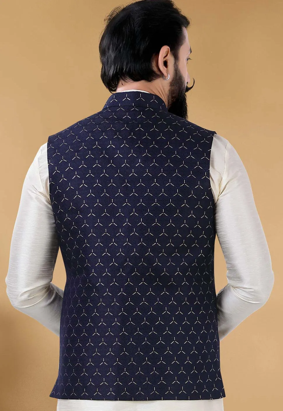 Woven Art Silk Jacquard Nehru Jacket in Navy Blue