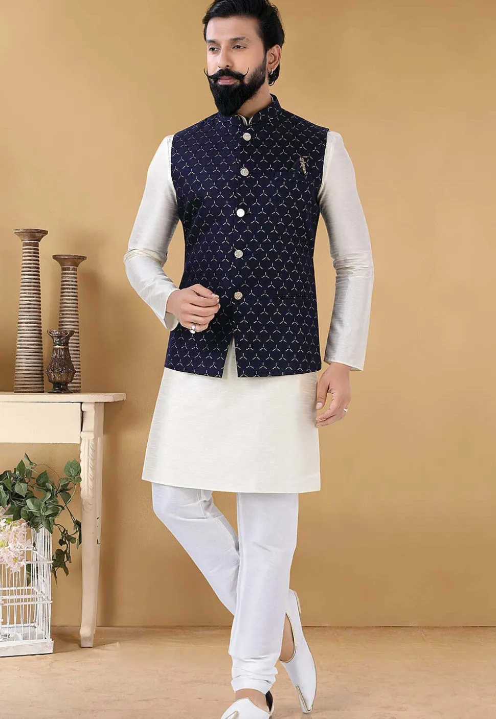 Woven Art Silk Jacquard Nehru Jacket in Navy Blue