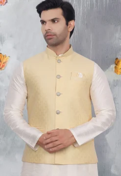 Woven Art Silk Jacquard Nehru Jacket in Light Beige