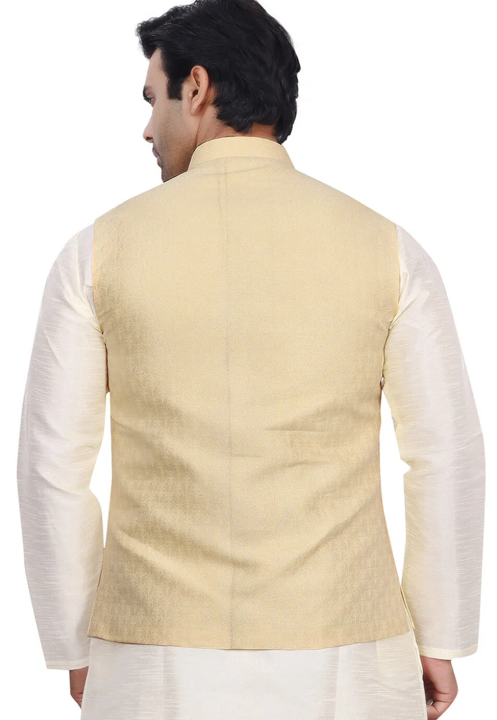 Woven Art Silk Jacquard Nehru Jacket in Light Beige