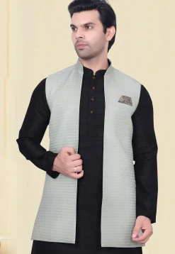 Woven Art Silk Jacquard Nehru Jacket in Sea Green