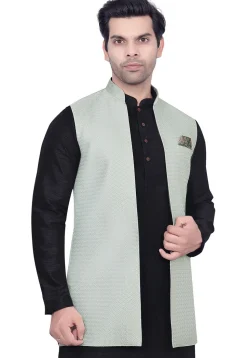 Woven Art Silk Jacquard Nehru Jacket in Sea Green