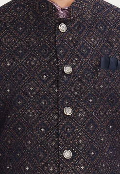 Woven Art Silk Jacquard Nehru Jacket in Navy Blue