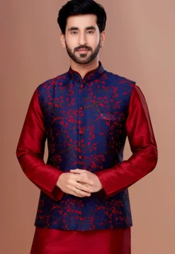 Woven Art Silk Jacquard Nehru Jacket in Navy Blue