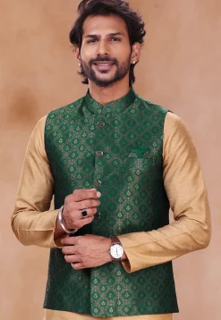 Woven Art Silk Jacquard Nehru Jacket in Teal Green