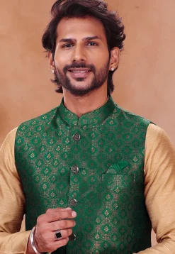 Woven Art Silk Jacquard Nehru Jacket in Teal Green